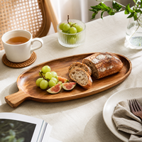 Plateau de présentation de sushi en bois d'acacia écologique avec logo personnalisé, design moderne, motif de feuilles, forme de feuille, avec poignée