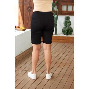 กางเกงขาสั้นผ้าฝ้ายสีดำเอวยางยืดขนาดพลัสไซส์ - Product Image 4