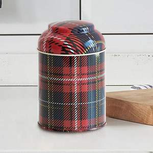 Boîte en métal ronde 90x110mm-0,6L avec couvercle en forme de dôme Rangement pour dosettes de café à carreaux par Ekose - Product Image 2