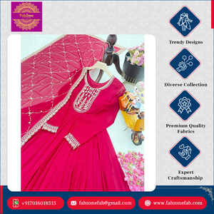 Lujoso Conjunto de Vestido Anarkali Tradicional Indio con Dupatta para Mujer, Nuevo Diseño, Fabuloso Bordado en Georgette Sintética, Especial para Bodas - Product Image 3