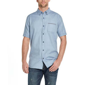 Camicia Casual Vintage da Uomo, Resistente alle Intemperie, Blu Slub Tessuto, Manica Corta, Taglia Piccola, 100% Cotone Popeline Traspirante, Confezione Singola - Product Image 1