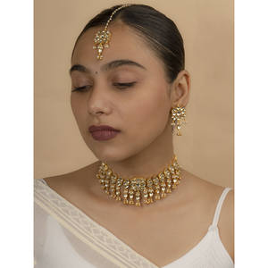 ชุดเครื่องประดับชั้นดี Jadau Kundan ชุบทองคำขาวสีขาวสร้อยคอ MS1339Y เจ้าสาว - Product Image 3