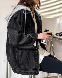 <b>Women</b> Oversized <b>Black</b> <b>Denim</b> <b>Jacket</b> Casual Streetwear Loose Fit Button Front Outerwear Layered Look Long Sleeve Fashion Coat - Product Image 3