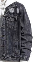 Veste en jean bicolore pour homme avec capuche, style déchiré et usé, style camionneur, boutonnée, décontractée, streetwear, en bleu et noir
