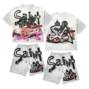 Conjunto de Camiseta y Pantalones Cortos de Algodón con Cuello Redondo, Estampado de Serigrafía Personalizable, Ecológico, Estilo Urbano para Hombre, Diseño de Auto de Carreras, Verano - Product Image 1