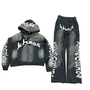 Custom Streetwear Distressed Acid Wash Hoodies Unisex Stacked Flared Sweat Pants Track Suits Zip up Hoodie <b>Tracksuit</b> - Product Image 1