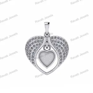Angel Wing Solid Silver Jewelry Zircon Set Heart 25x20mm Engraved Good Price Resin Ashes Inlay Base Diy Empty Pendant Setting