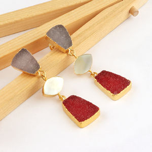 Cheapest Price Beautiful Genuine Sugar Druzy & Mother of Pearl Long Dangle Stud <b>Earrings</b> Gold Plated Three Stone Brass Jewelry - Product Image 3