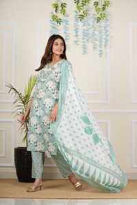 Conjunto de Kurta, Pantalón y Dupatta de Algodón Cambray en Verde con Estampado Floral al por Mayor, Detalles de Espejo y Cuello en V, Corte Regular para Mujer - Product Image 2