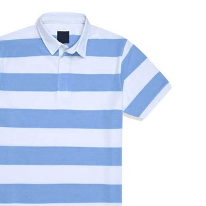 Polo de rugby épais en coton rayé bleu et blanc, à manches courtes, décontracté, respirant, col boutonné, en popeline tissée pour l'été - Product Image 1