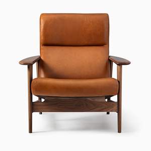 Fauteuil lounge Rey de style mid-century, fabriqué avec un cadre en teck massif de qualité et un coussin en cuir PU avec finition noyer, pour une utilisation en intérieur. - Product Image 2