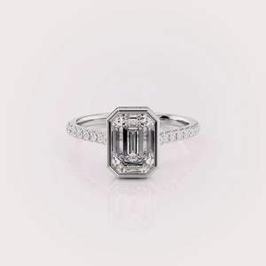 IGI Certified Emerald Cut Lab Grown Diamond Bezel Set Engagement & Wedding Ring with Pave Band in <b>Solid</b> 925 Sterling <b>Silver</b> - Product Image 1