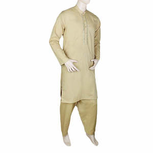 Shalwar Kameez brodé pour homme, col bandoulière - Camel - Product Image 1