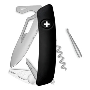 Coltello Pieghevole Swiza Allmatt Single Hand SH03 TR-TT con Bordo Ondulato, 12 Funzioni, Utensile Nero - Product Image 1