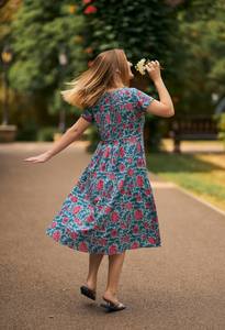 Hand Block Printed Rosabella Dress Boho Cotton Floral Grey Blue Rose Casual Occasion Dress - Product Image 3