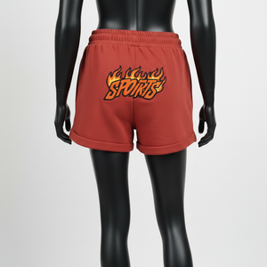 Shorts en molleton de coton de haute qualité pour femmes, couleur rouge, tissu doux brossé, logo brodé en chenille. - Product Image 2