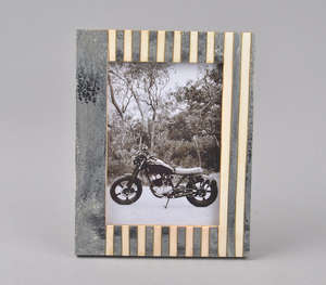 Trendy Grey Bone Inlay Picture <b>Frame</b> Modern Two Tone Design Artisanal Striped Desk Or Tabletop Decor - Product Image 5