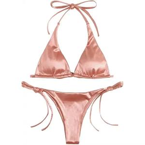 Bikini de talla grande para mujer de tela satinada de estilo Simple de alta calidad, traje de baño con cuello Halter frontal, ropa de playa con estampado OEM/ODM - Product Image 5