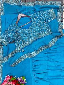 Saree Lehenga à volants en Georgette lourde avec chemisier Bangalore brodé et Georgette Dupatta avec travail en dentelle cousu taille libre - Product Image 3