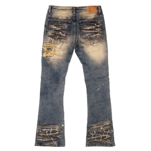 Haute Qualité Enduit Vintage Durable Denim Tissu Mi Taille Slim Fit Semi Flare Empilé Peinture Éclaboussures Jeans pour Hommes - Product Image 2