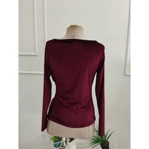Blusa de terciopelo de manga larga para mujer, con cuello abierto y detalle de piedras en la cintura, 37433 - Borgoña - Product Image 5