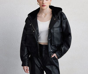เสื้อแจ็คเก็ตหนังแกะแท้สำหรับผู้หญิง ขายส่ง ระบายอากาศได้ดี แบบทอและเย็บติดกัน  แบบมีซิป  ลายเรียบ  เสื้อโค้ทฤดูหนาว - Product Image 3