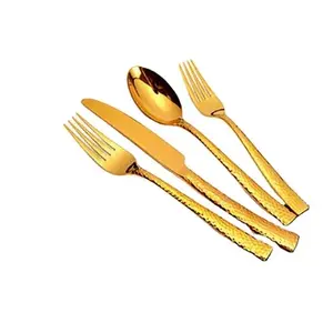 Ensemble de couverts en acier inoxydable martelé doré et poli en miroir, vaisselle de table de restaurant d'hôtel en gros, salle à manger élégante - Product Image 1