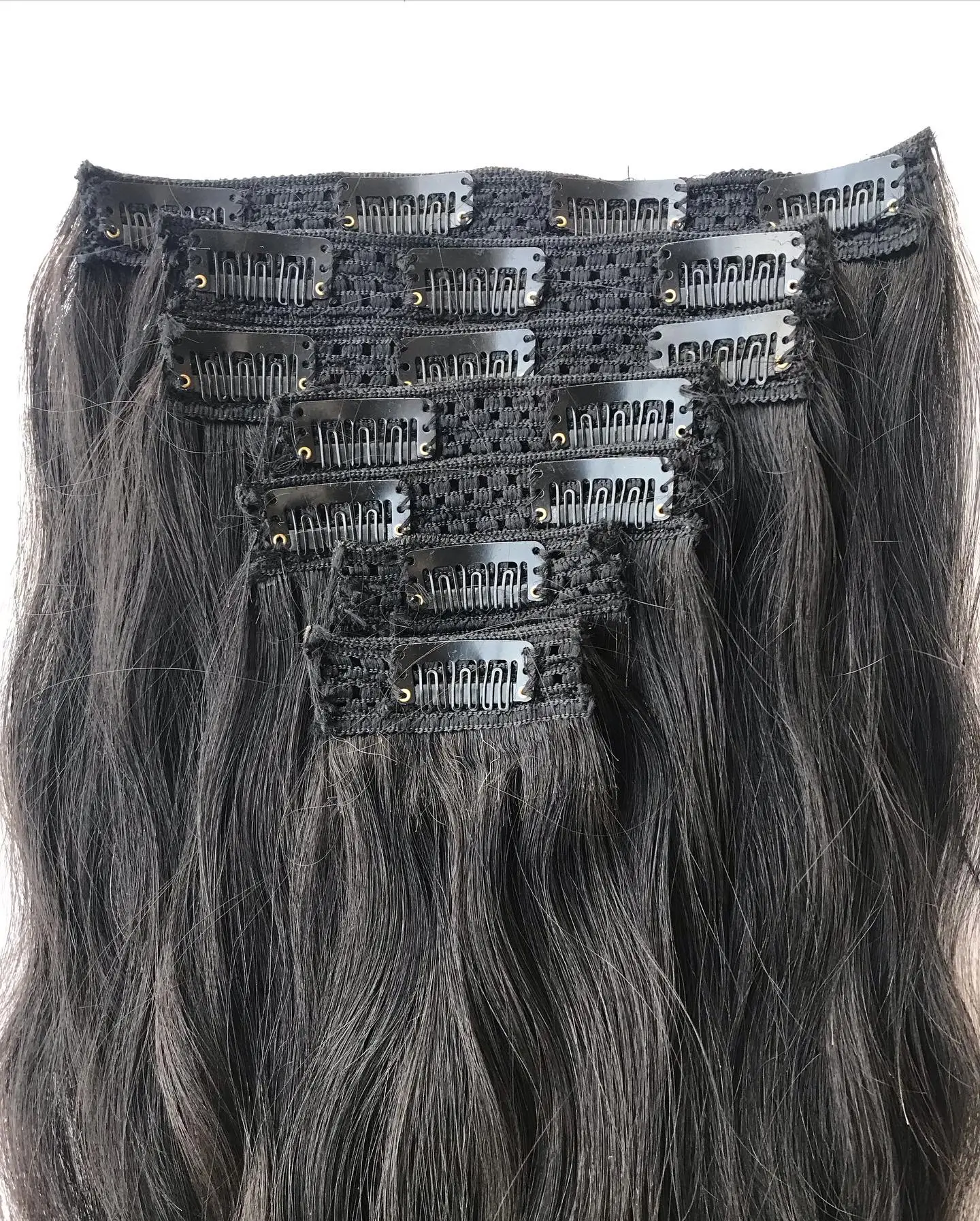 Peruvian Cuticle Aligned Raw Virgin Indian Temple Human Natural Wavy Clip in Seven Set Natural Black Thick End With Bundles Hair