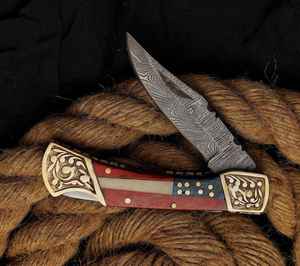 Handmade Wholesale Damascus Steel Folding Pocket Knife American Flag Industrial Grade Outdoor Camping Customizedle with Sheath - Product Image 5