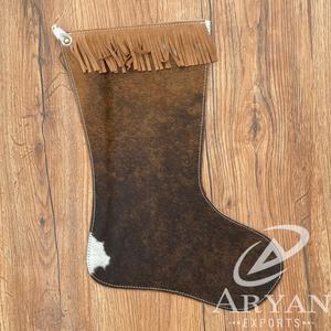 Pelo de calidad superior en cuero de vaca 16 pulgadas Medias de Navidad Medias de árbol de Navidad con flecos de cuero genuino de grano completo - Product Image 1