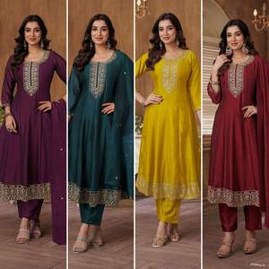 Calidad de exportación India La mejor tela Vichitra Kurti Pant & Dupatta con bordado Trabajo Mujer Moda Compras en línea India - Product Image 3