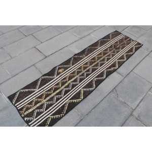 Alfombra Turca Vintage de 1.8x6.3 pies (54x192 cm), Alfombra Kilim Marrón con Bordes Blancos - Product Image 3