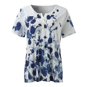 Camisetas de poliéster de moda informal para mujer, cuello en U, botón, manga corta, ajuste holgado, patrón impreso para sublimación a granel - Product Image 3