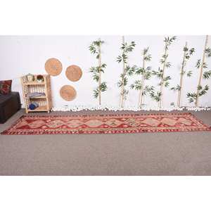 พรมถักสไตล์ตุรกีวินเทจสีแดงสีเบจ2.7x11.7ฟุตปอกระเจาสานแบนมีลวดลายปะติดลาเท็กซ์ด้านหลังสำหรับ9x12ขนาดโถงทางเดิน - Product Image 2