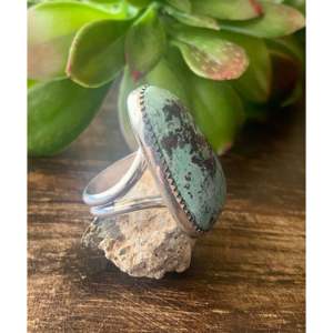 Leslie Nez Kingman Fine Jewelry <b>Dainty</b> Platinum <b>Ring</b> Smooth Cut Turquoise Sterling Silver Rectangle Shape Size 7.5 Everyday Wear - Product Image 3