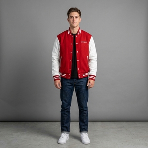 Prime <b>Red</b> White Letterman Jacket <b>Wool</b> Body Leather Sleeves Rib Knit Collar Cuffs Snap Front Custom Logo Streetwear Outerwear Set - Product Image 1
