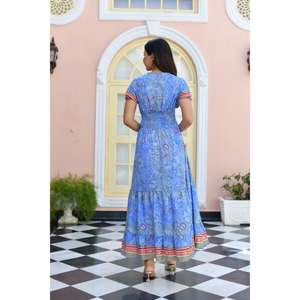 Women Blue Printed Floor-Length Boho Casual <b>Summer</b> Eco-Friendly Natural Waist 100% Linen V Neck <b>Short</b> Sleeve Flowy <b>Dress</b> - Product Image 4