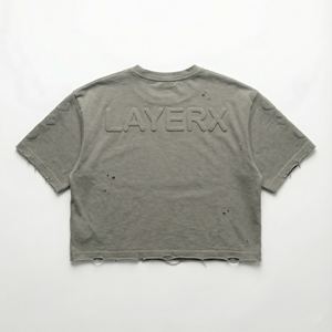 <b>Men</b> High GSM 100% Cotton Boxy Fit <b>Crop</b> <b>Top</b> T-Shirt Custom 3D Embossed Logo Raw Hem Distressed Streetwear Eco-Friendly Breathable - Product Image 3