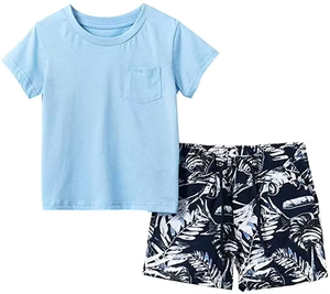 Conjunto de Camiseta de Cuello Redondo Azul Claro para Hombre con Pantalones Cortos con Estampado Tropical, Ropa Casual de Verano, Transpirable, de Algodón Tejido - Product Image 1