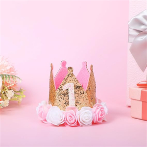 Corona Artigianale Dorata Rosa Glitterata per Feste di Compleanno, Cappello con Paillettes in Feltro per Bambini da 1 a 5 Anni, Uso Interno/Esterno, Prodotto in Cina - Product Image 6