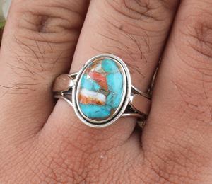 Bague en argent terni de Style Vintage fait à la main avec huître cuivre Turquoise pierre précieuse forme ovale bague de mariage en pierre pour les femmes - Product Image 4
