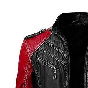 Blouson moto homme en cuir PU rouge et noir à blocs de couleur, col montant, fermeture éclair, coupe ajustée, manches classiques, style automne - Product Image 4