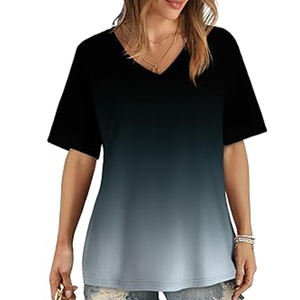 Femmes été Ombre gris vente en gros à manches courtes T-Shirts broderie décoration respirant toile col en v Style - Product Image 2