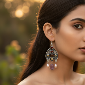 925 Silver Dangle <b>Earrings</b> <b>Garnet</b> Pearl Trendy Vintage Religious Pendant Drop Design for Party Gift Featuring Diamond Main Stone - Product Image 2