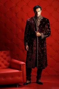 2025 Groom Sherwani <b>Pant</b> Dark Maroon Latest Dazzling Embroidery Embellished Crystal Glass Beads Dabka Work Plus Size Wedding - Product Image 2