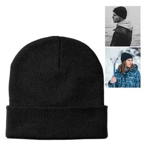 Bonnet unisexe noir en tricot pour l'hiver, 56-58 cm, décontracté, adulte, en acrylique, à revers, motif uni - Product Image 6