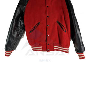 <b>Red</b> <b>and</b> <b>Black</b> Baseball <b>Varsity</b> <b>Jacket</b> with Adjustable Drawstrings Roomy Hand Warming Side Pockets Cotton Polyester Blend Fabric - Product Image 3