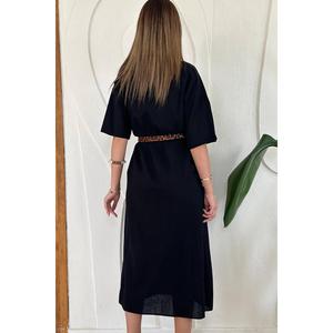 Vestido de Lino Negro al por Mayor de Manga Corta, Silueta Holgada y Cómoda - Product Image 1