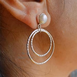 Pearl <b>Hoop</b> Earrings <b>Sterling</b> <b>Silver</b>, Handmade Double Dangle Boho Jewelry - Product Image 2