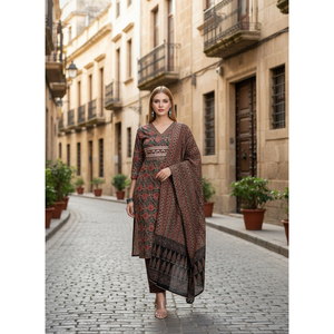 Conjunto de Kurta con Estampado Paisley Clásico en Negro y Rojo, Ropa Étnica India, con Dupatta de Georgette y Choli de Seda y Lehenga - Product Image 1